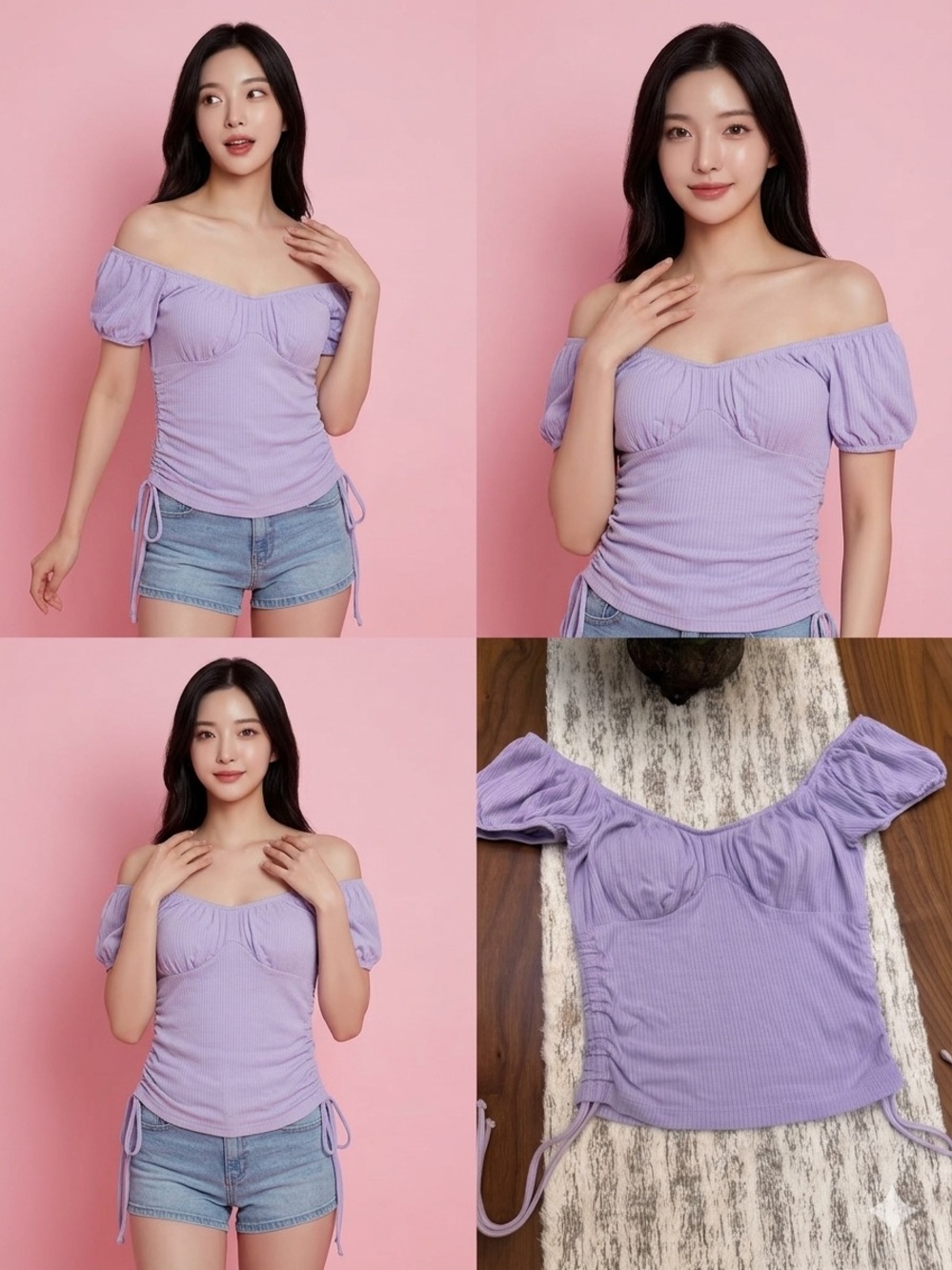 Crave Fame Lavender Off-Shoulder Ribbed Puff-Sleeve Crop Top
